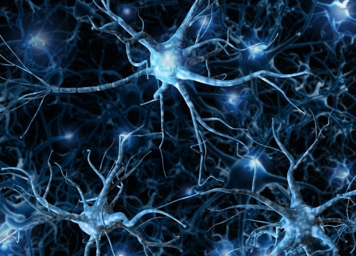Rede neural em um fundo azul escuro com efeitos de luz
