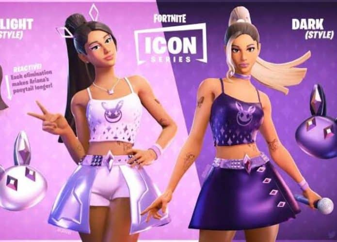Araina Grande no 'Fortnite'. Essa não é uma imagem oficial. Se trata de uma arte do @D3NNI_yt, um artista que já teve artes compradas pela própria Epic Games. Imagem: @D3NNI_yt / Reprodução