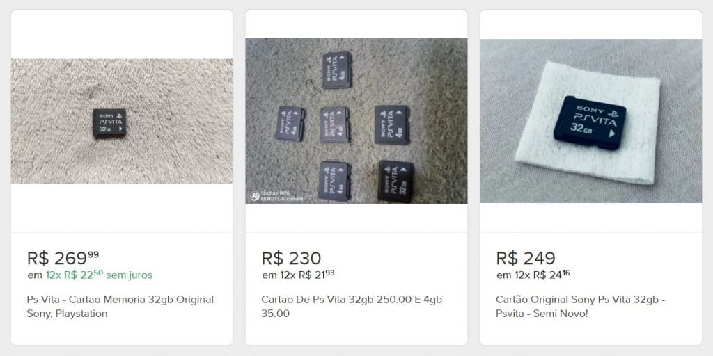 Captura de tela do Mercado Livre de cartões de memória para PlayStation Vita