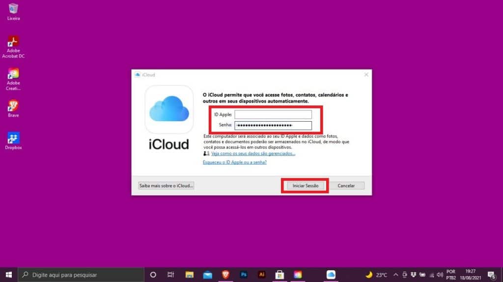 Print do aplicativo do iCloud para Windows 