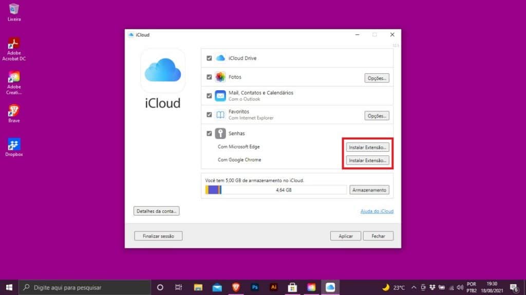 Print do aplicativo do iCloud para Windows 