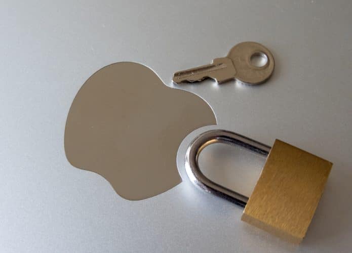 Símbolo da Apple ao lado de uma chave e um cadeado