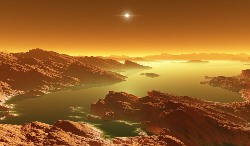 Ilustração mostra paisagem amarelada de uma das luas de Saturno: cientistas conseguiram recriar as condições de Titã em laboratório