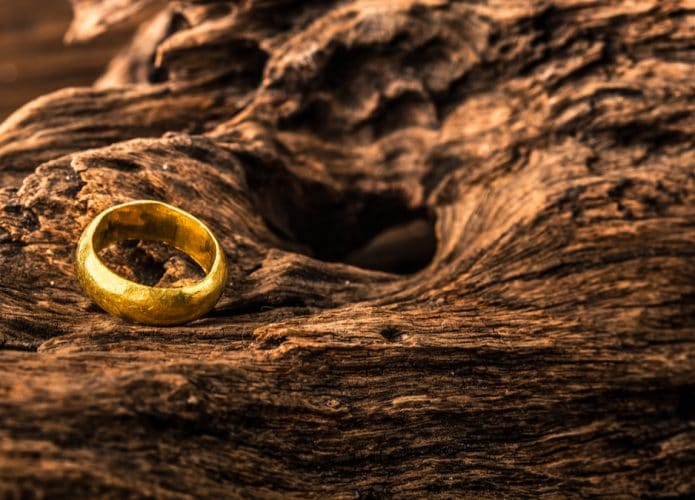 Imagem mostra um anel dourado posicionado no que parece ser o tronco de uma árvore