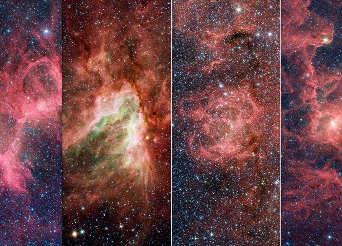 Montagem mostra as quatro nebulosas que compõem o Braço de Sagitário, parte da Via Láctea onde cientistas encontraram uma ponta solta de estrelas e gás