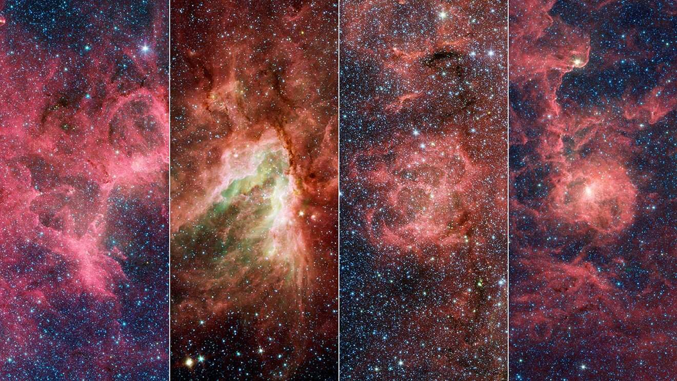Montagem mostra as quatro nebulosas que compõem o Braço de Sagitário, parte da Via Láctea onde cientistas encontraram uma ponta solta de estrelas e gás