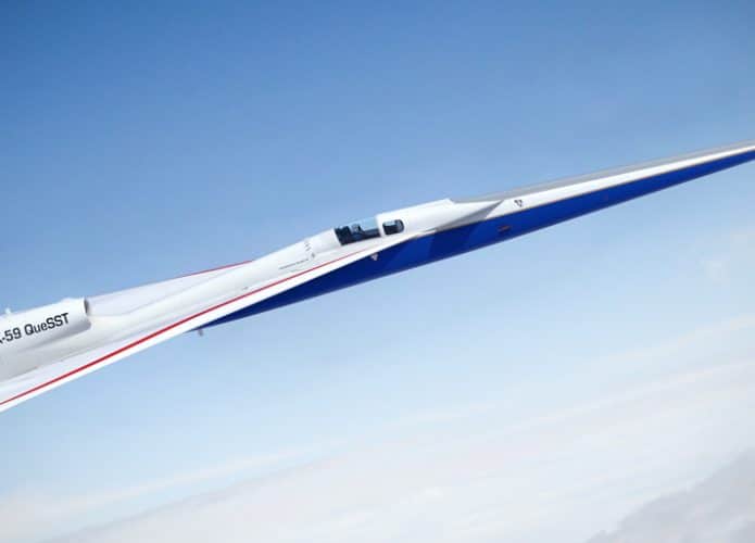 Ilustração artística da aeronave X-59 Quiet SuperSonic Technology, que em breve levará os céus como o primeiro avião experimental supersônico da NASA construído para esse fim em décadas.
