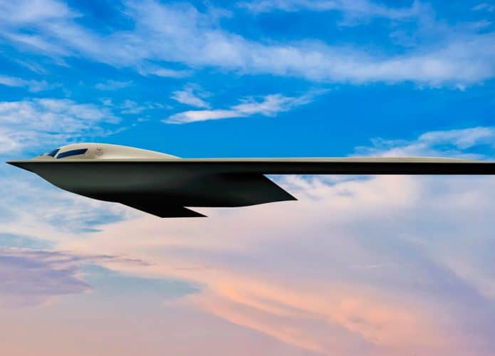 Renderização do avião b-21 raider voando num céu limpo