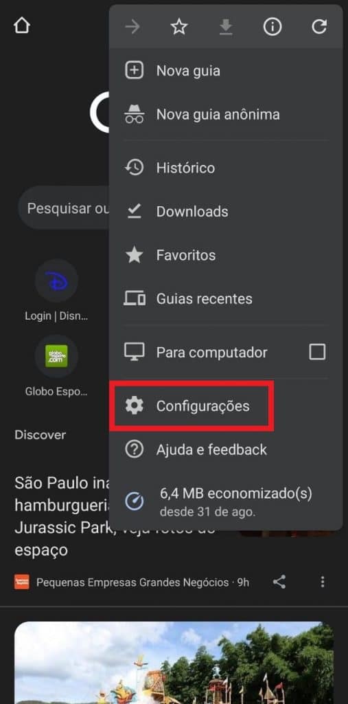 Print da versão para celular do Chrome