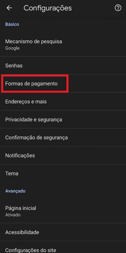 Print da versão para celular do Chrome