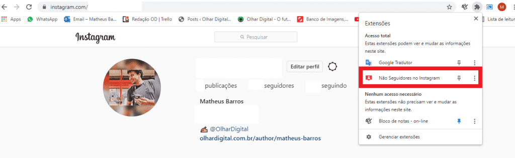 Print da versão para web do Instagram
