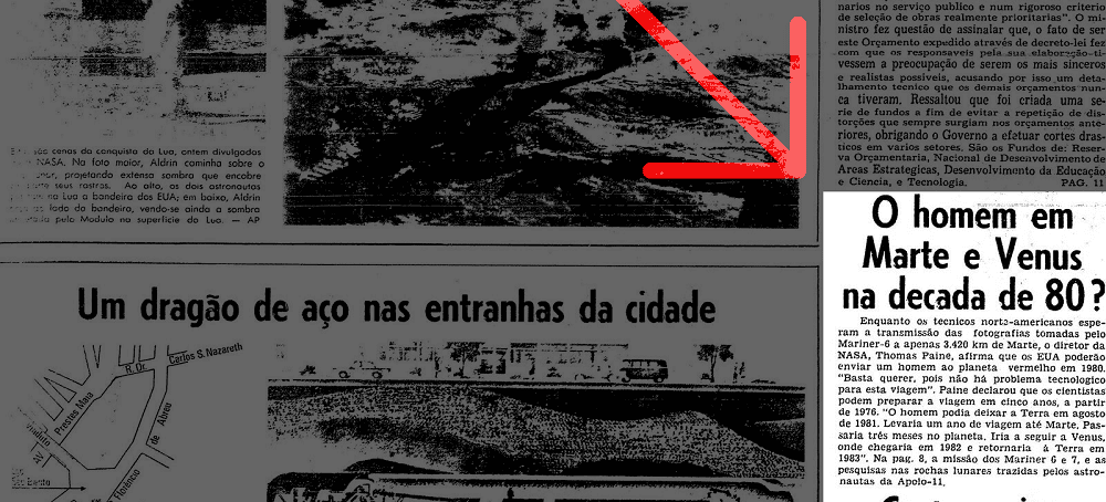 Jornal de 1969 mostrando depoimento do diretor da NASA, Thomas Paine, informando que o homem poderia visitar Marte Vênus na década de 80