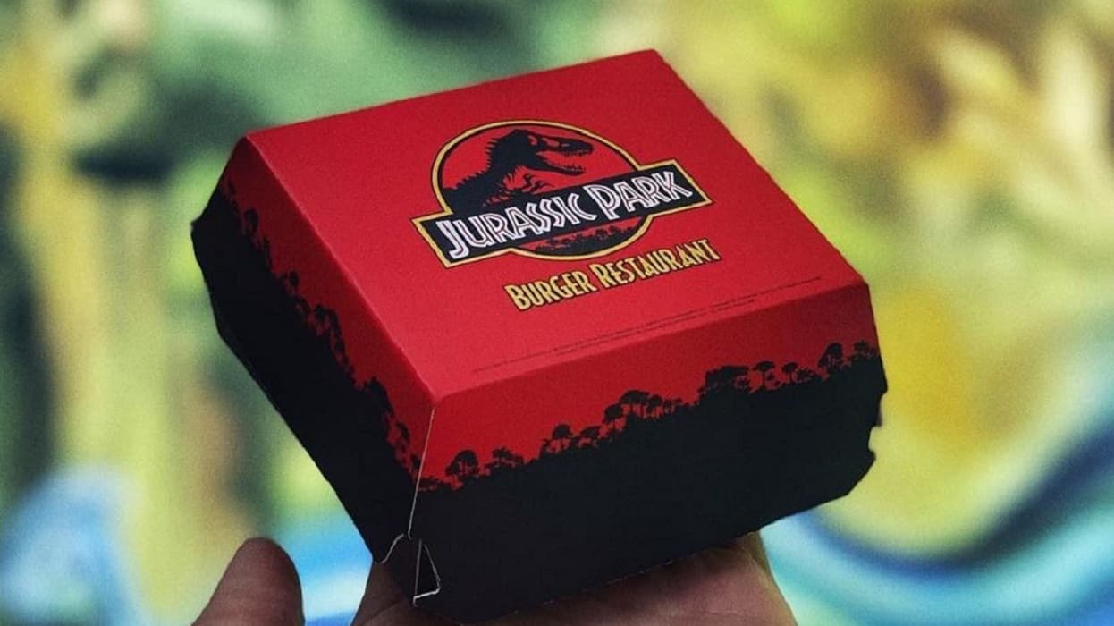 Caixa de hamburgueria temática de Jurassic Park