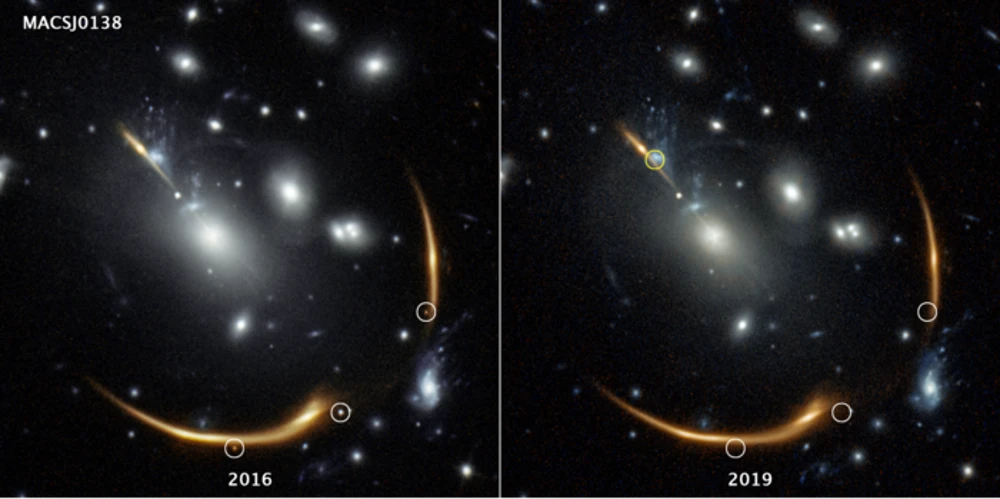 Supernova Requiem, observada três vezes pelo telescópio espacial Hubble. Os três pontos mais evidentes de luz na imagem mostram três momentos distintos da mesma explosão