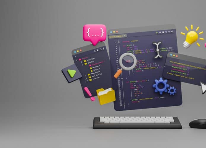 Ilustração mostra um teclado e um mouse, em cima dá para ver diversas teclas com códigos de programação
