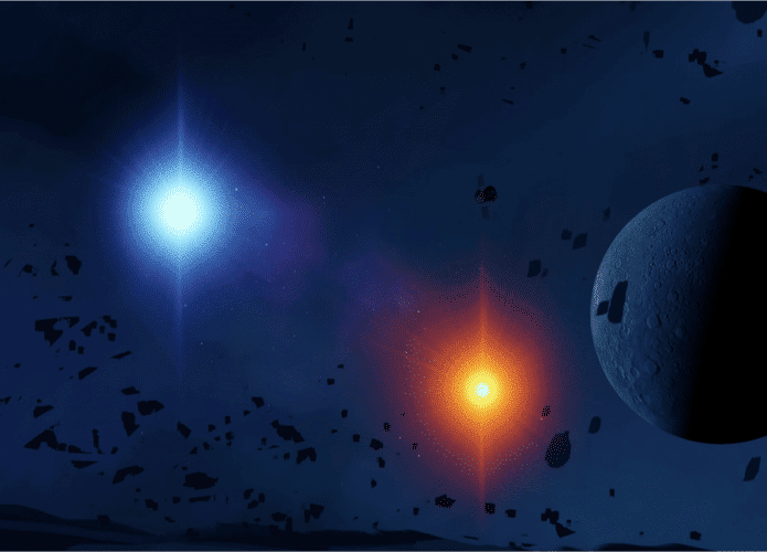 Ilustração mostra um planeta e duas estrelas, simbolizando um sistema binário