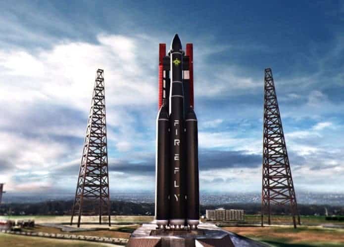 Ilustração mostra o foguete Alpha, da Firefly Aerospace, em sua base de lançamento