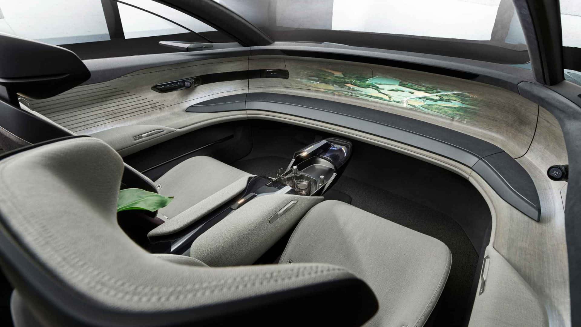 Interior do carro conceito da Audi na parte da frente, sem volante