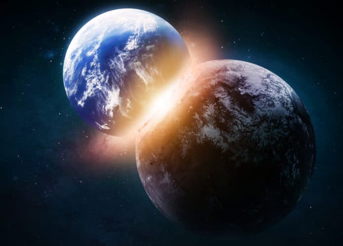 Ilustração da Terra se chocando contra um exoplaneta