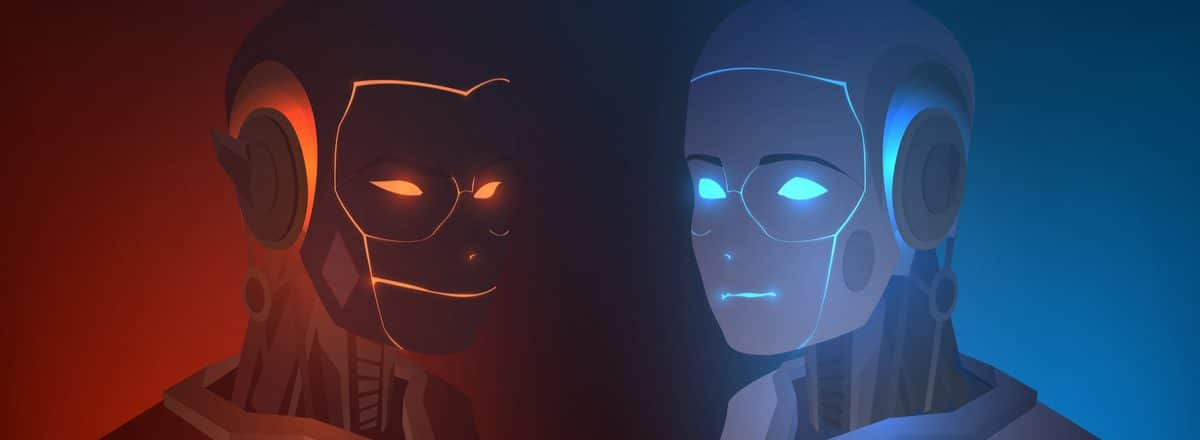Ilustração mostra dois robôs - um azul, simbolizando o bem, e outro vermelho, simbolizando o mal