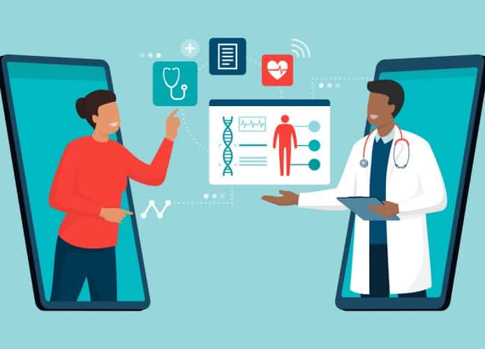 Ilustração mostra duas pessoas, uma como se fosse um médico e a outra um paciente. Ambos estão inseridos em smartphones, representando a telemedicina