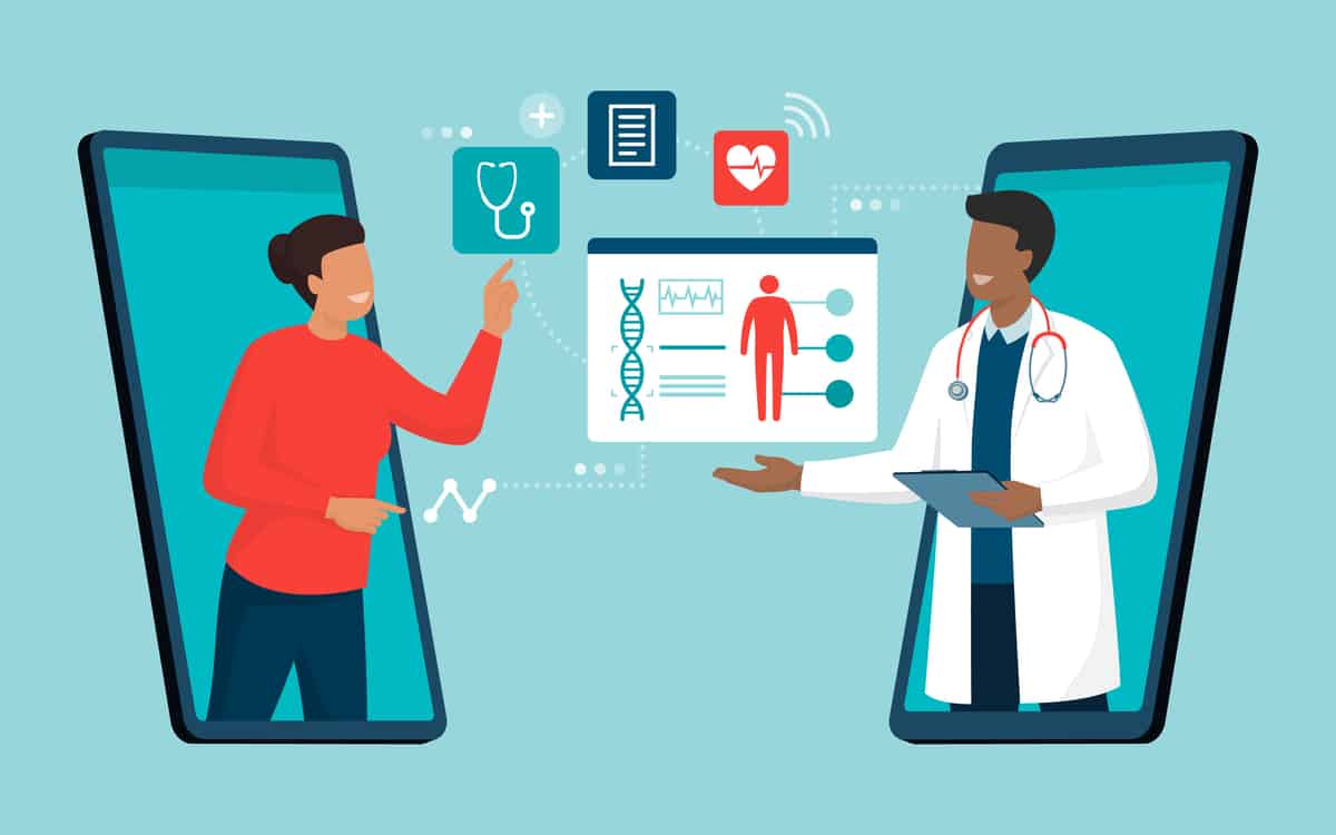 Ilustração mostra duas pessoas, uma como se fosse um médico e a outra um paciente. Ambos estão inseridos em smartphones, representando a telemedicina