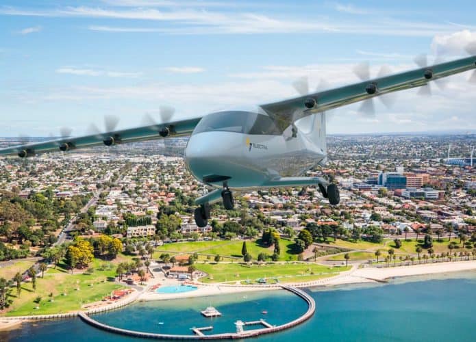 aeronave sobrevoando Melbourne, na Austrália, num dia de sol