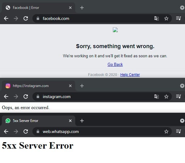 Mensagens de erro do Facebook, Instagram e WhatsApp