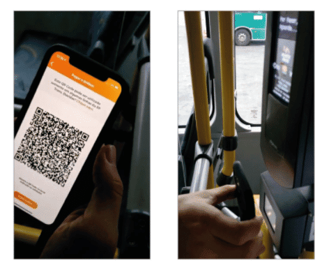 Imagem de uma pessoa utilizando o QR Code em uma ônibus da Prefeitura de SP. Imagem: SPTrans