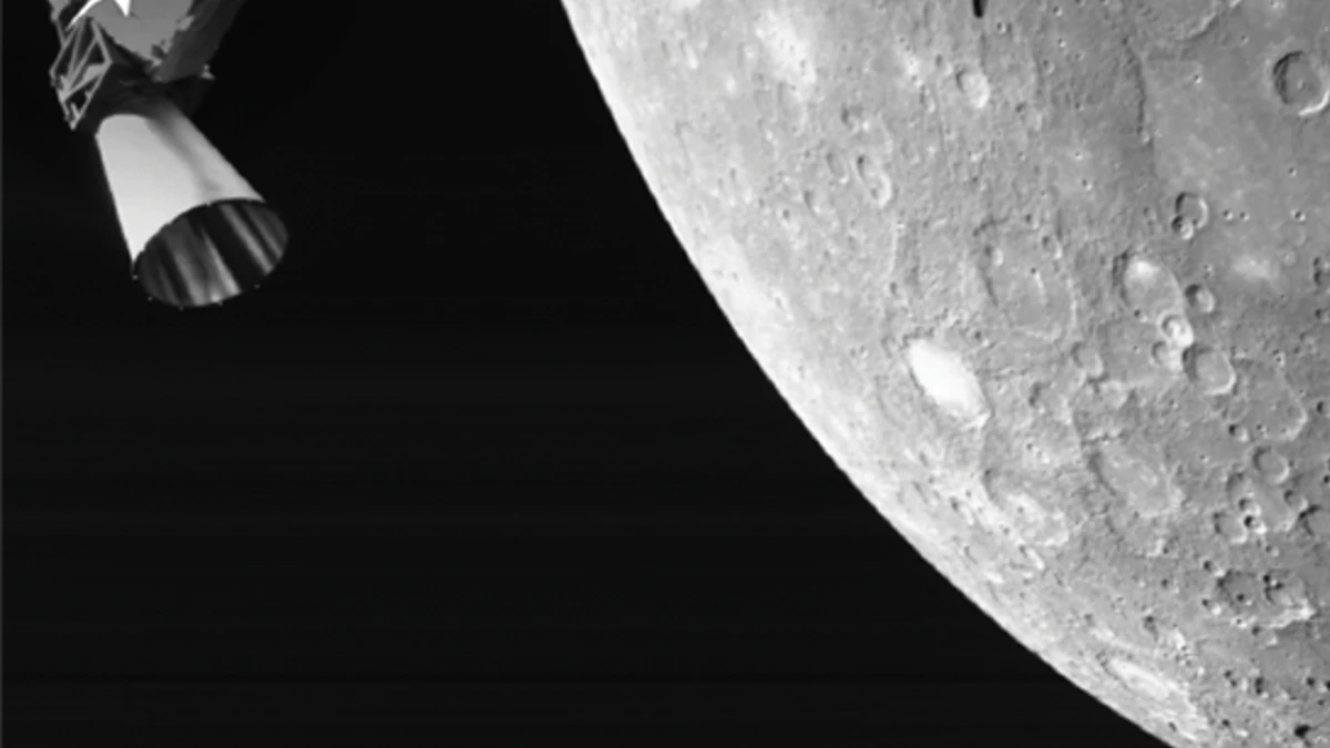 Imagem da sonda BepiColombo, mostrando Mercúrio e suas crateras