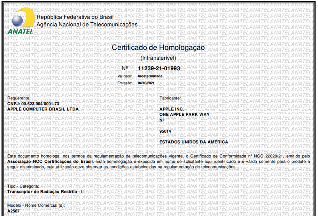 Certificado de homologação do iPad Mini (2021) (Imagem: divulgação/Anatel)