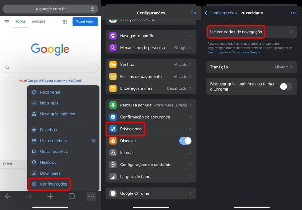 Como limpar os dados de navegação do Google Chrome no iPhone