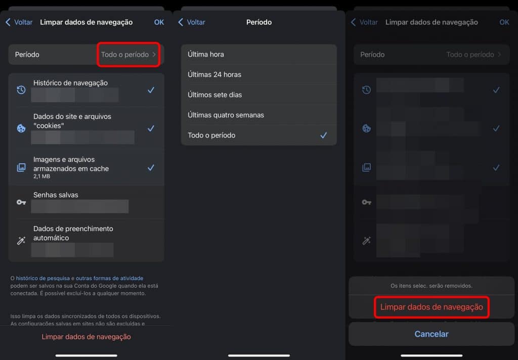 Como limpar os dados de navegação do Google Chrome no iPhone
