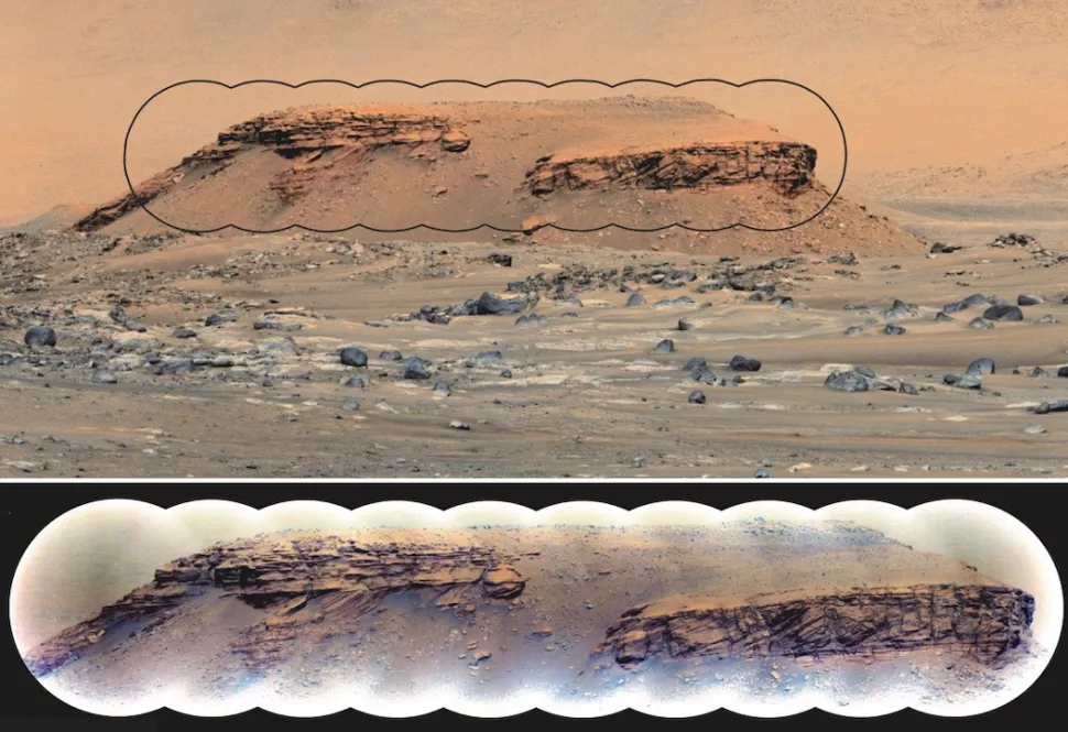 Imagem mostra o "Kodiak", uma formação rochosa fotografada pelo rover Perseverance em Marte, onde um estudo comprovou já ter existido um lago há bilhões de anos