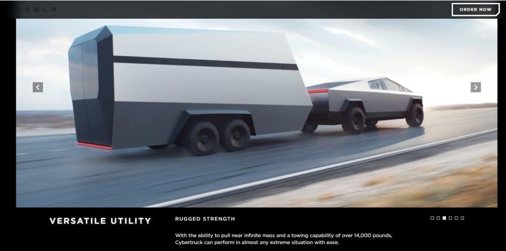 Tela do site da Tesla na página do Cybertruck atualizada