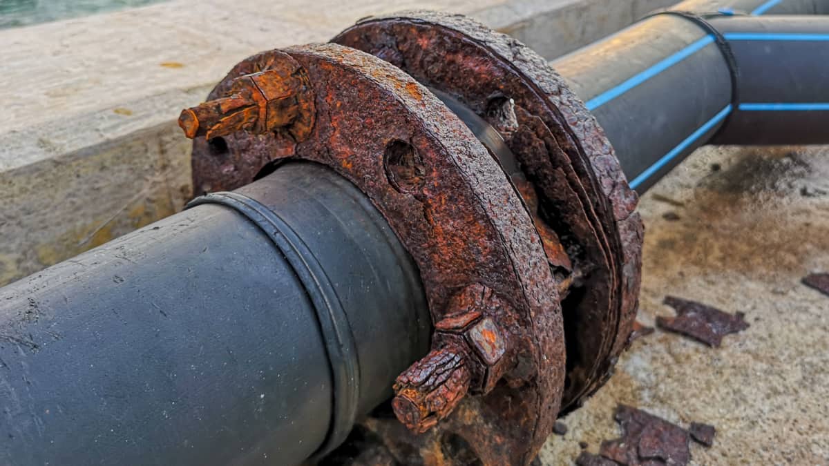 Foto mostra um cano de zona portuária enferrujado, simbolizando a poluição por metais