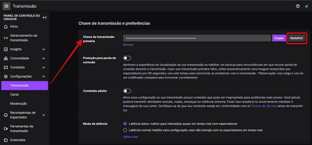 Como redefinir a chave de transmissão