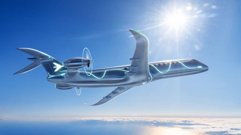 avião de gás e hidrogênio sobrevoando o mar