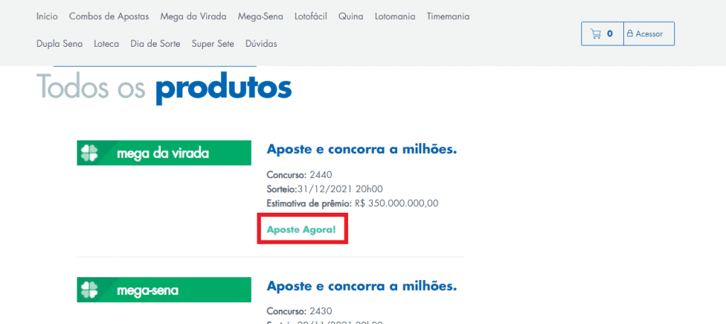 Print do site Loterias Caixa