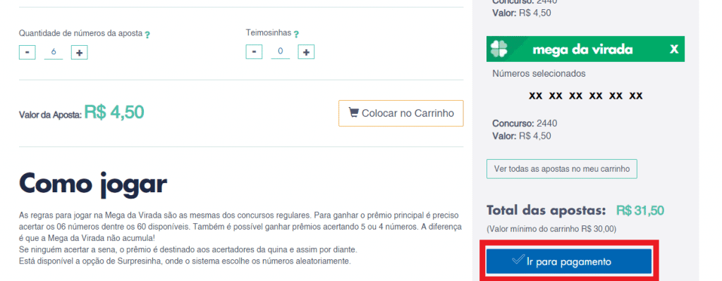 Print do site Loterias Caixa