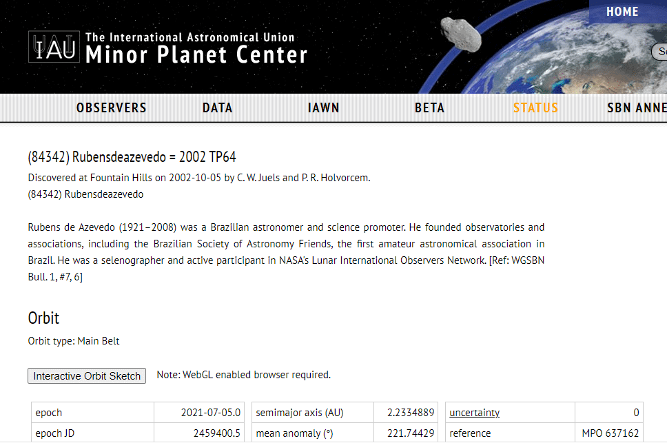 Nome de Rubens de Azevedo oficializado para o asteroide 84342