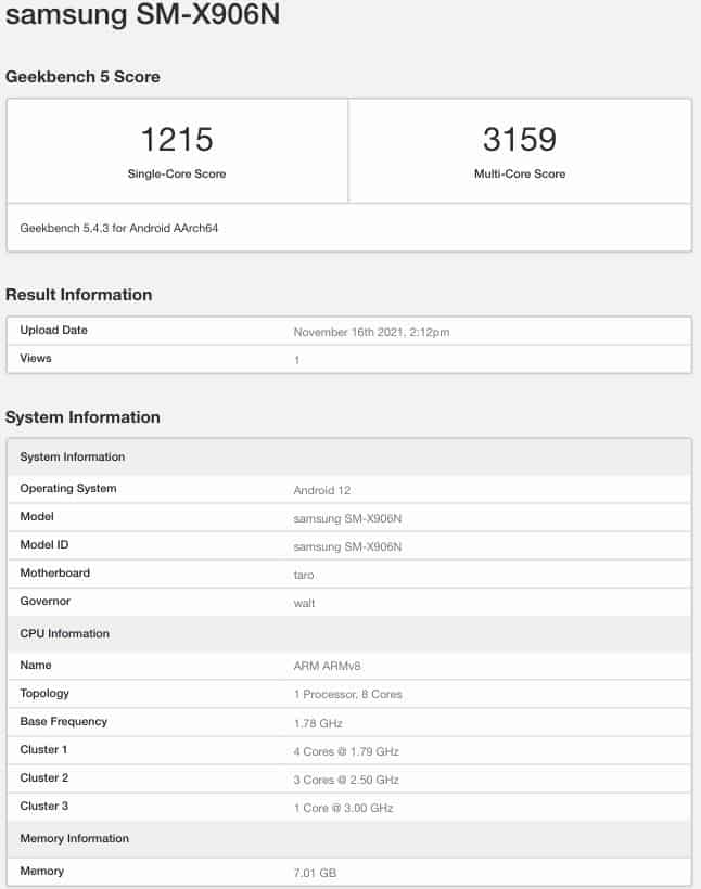 Tablet Samsung Galaxy Tab S8 Ultra também é listado com Snapdragon 898. Imagem: Geekbench/Reprodução