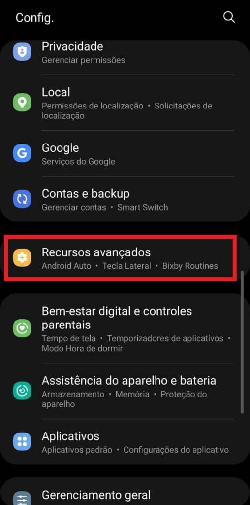 print das configurações de um celular samsung