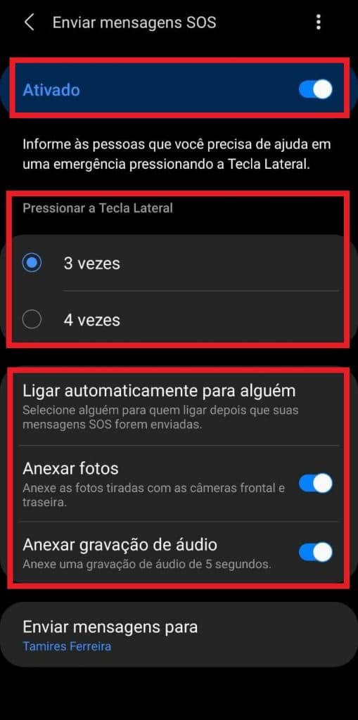 print das configurações de um celular samsung