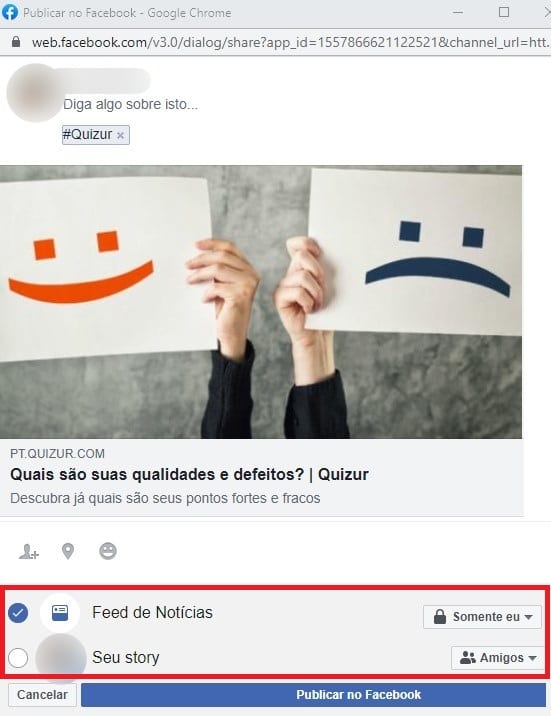 Como compartilhar quiz do Quizur no Facebook