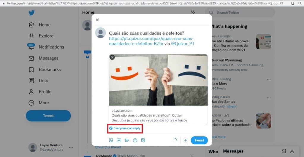 Como compartilhar quiz do Quizur no Twitter