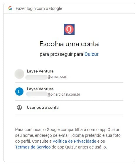 Como criar conta no Quizur com o Google