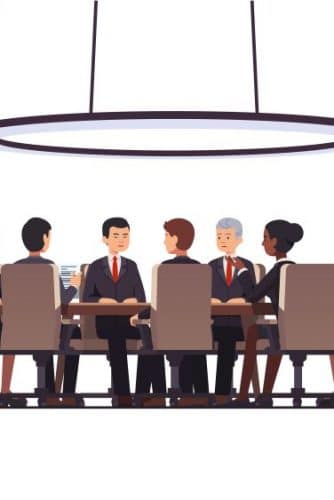 Ilustração d euma mesa de reunião cheia de pessoas