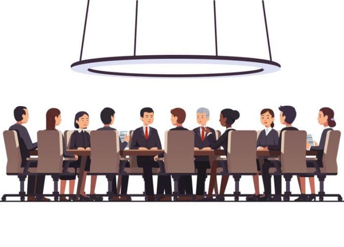 Ilustração d euma mesa de reunião cheia de pessoas