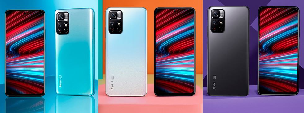 Redmi Note 11T 5G nas cores  azul aquamarine, branco stardust e preto fosco